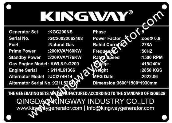 الكمون محرك Kingway 125KVA مولد الغاز الطبيعي الصامت للبيع